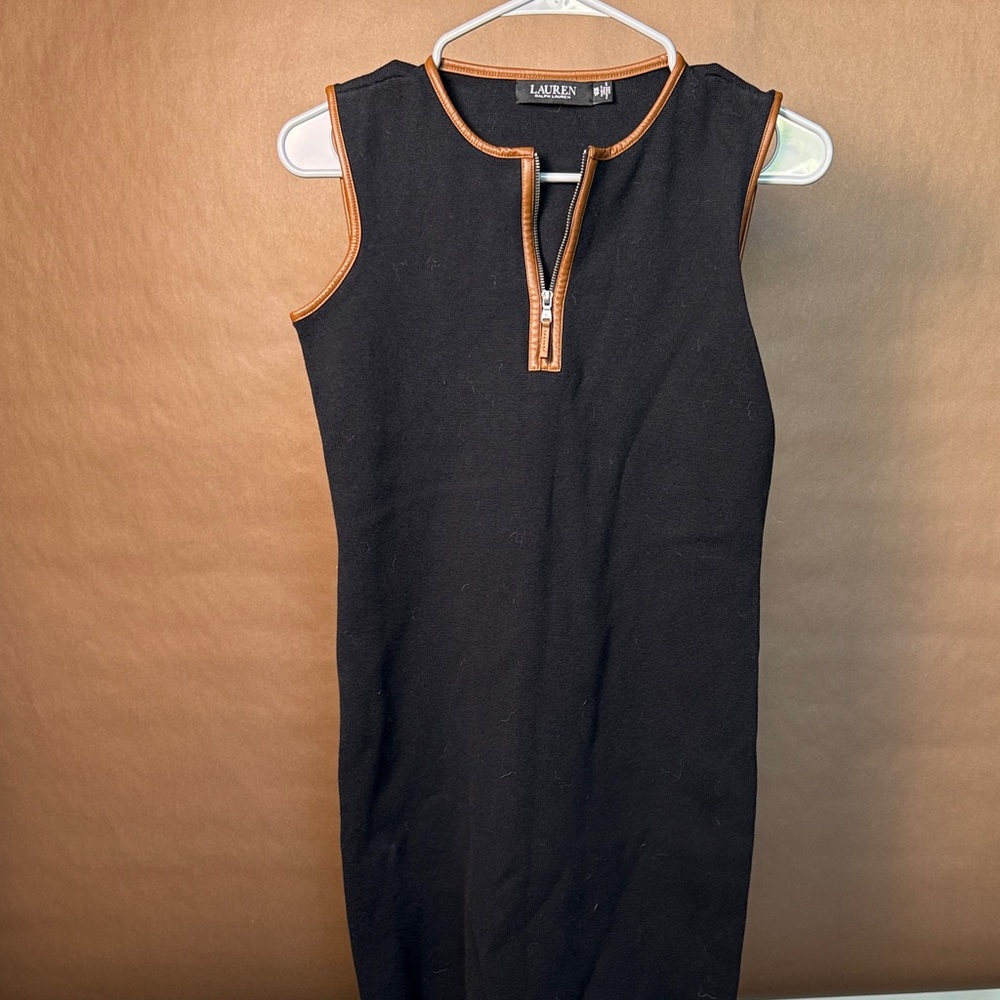 Lauren Ralph Lauren Black Midi Dress with Brown Trim and Front Zip
